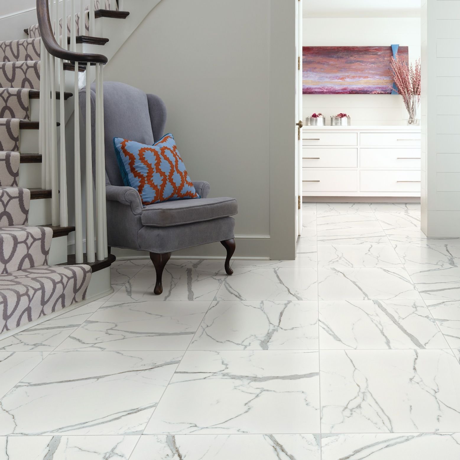 chair on the bottom of the stairs from U Payless Flooring in Schumacher