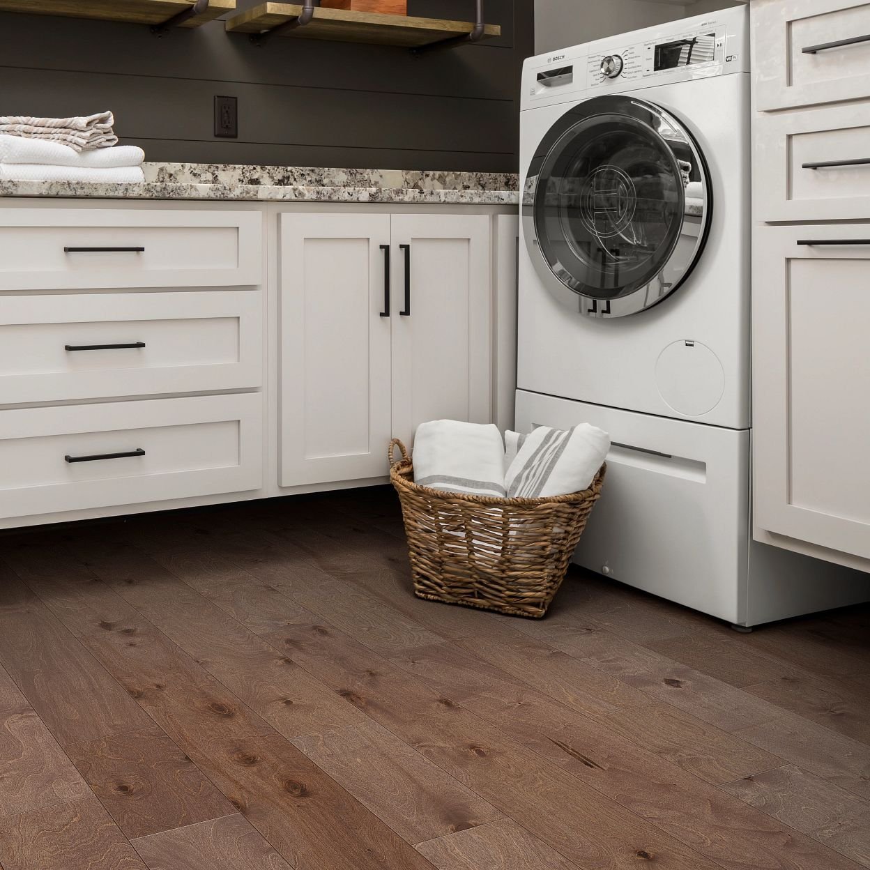 white furniture and appliances on hardwood from U Payless Flooring in Schumacher